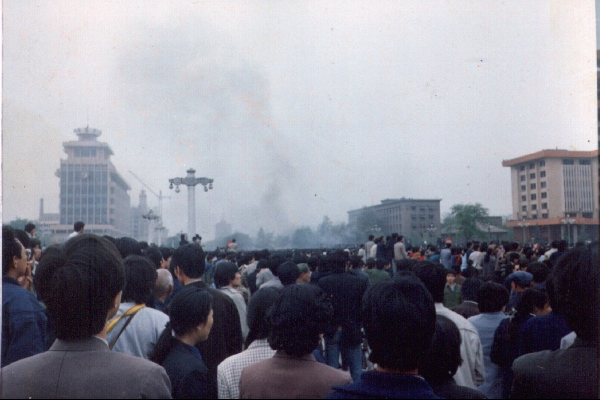 Students looking at smoke in distance